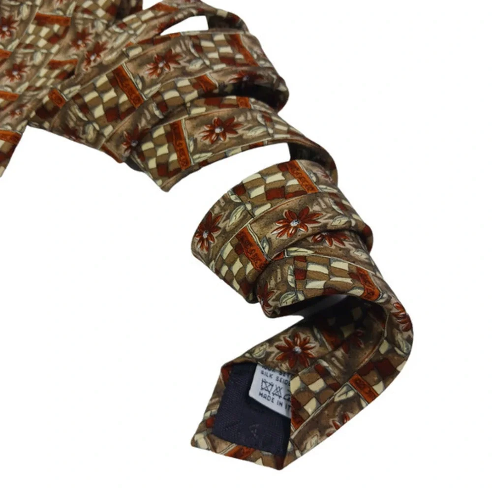 Vintage Escada Silk Neck Tie Made in Italy Brown Floral Geometric‎ 70s Designer